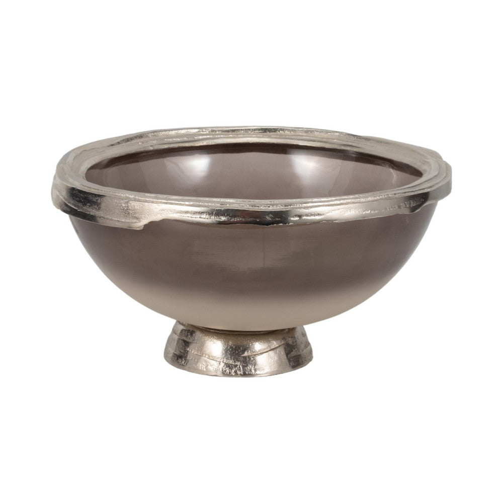 Decorative Bowl | Taupe Nickel Glass w Silver Aluminum Base | 15"