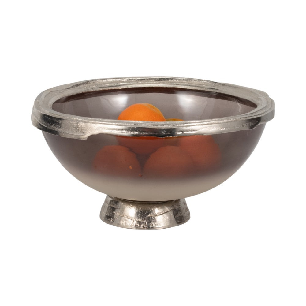 Decorative Bowl | Taupe Nickel Glass w Silver Aluminum Base | 15"