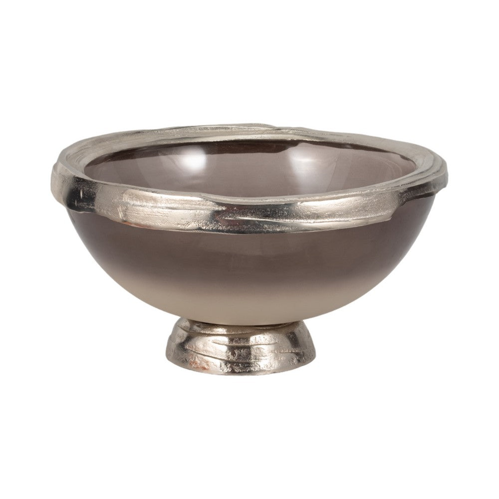 Decorative Bowl | Taupe Nickel Glass w Silver Aluminum Base | 15"