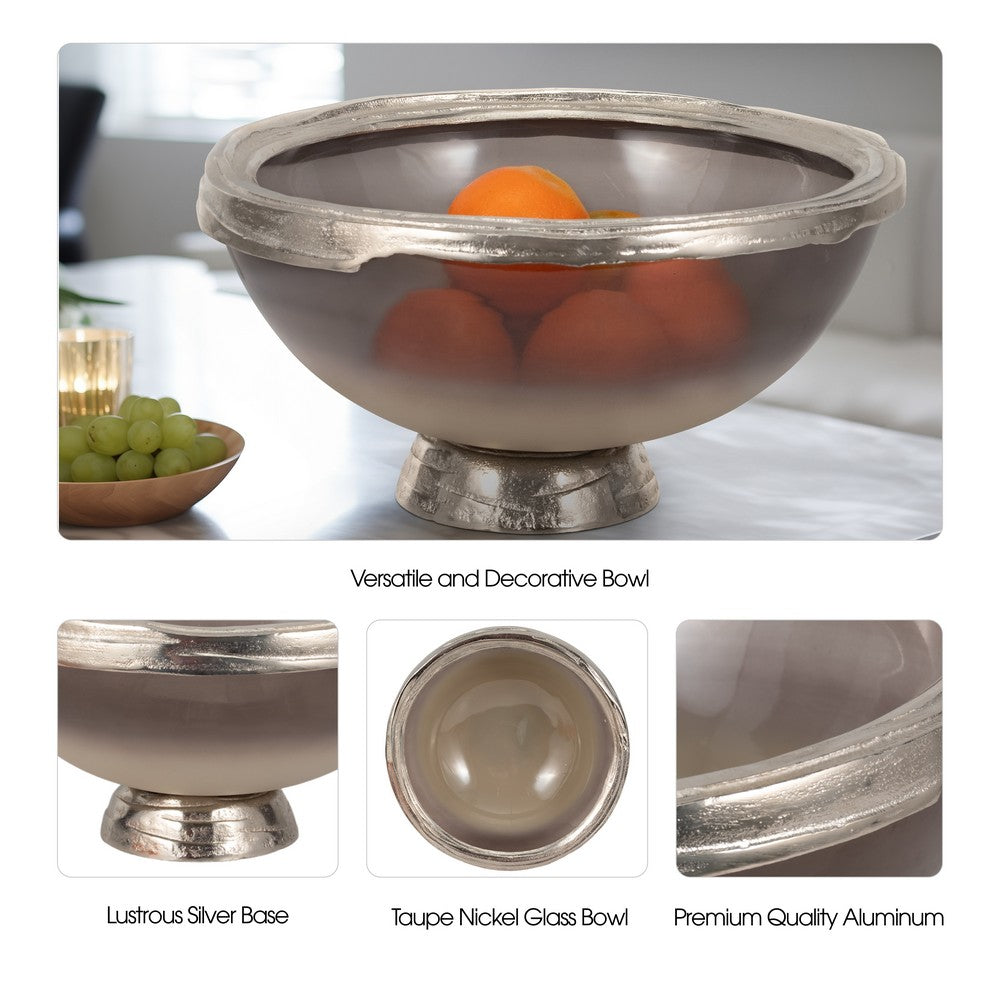 Decorative Bowl | Taupe Nickel Glass w Silver Aluminum Base | 15"