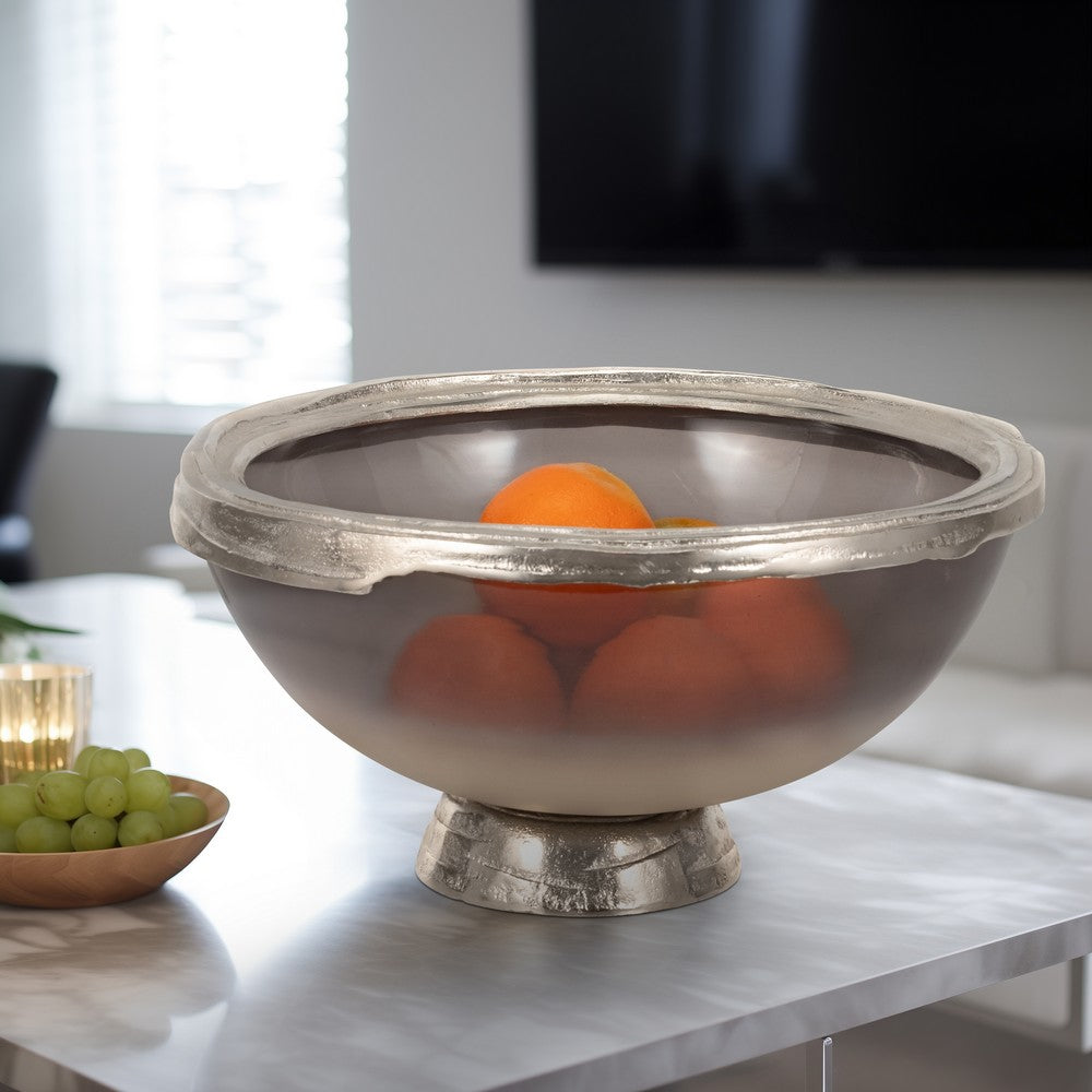Decorative Bowl | Taupe Nickel Glass w Silver Aluminum Base | 15"