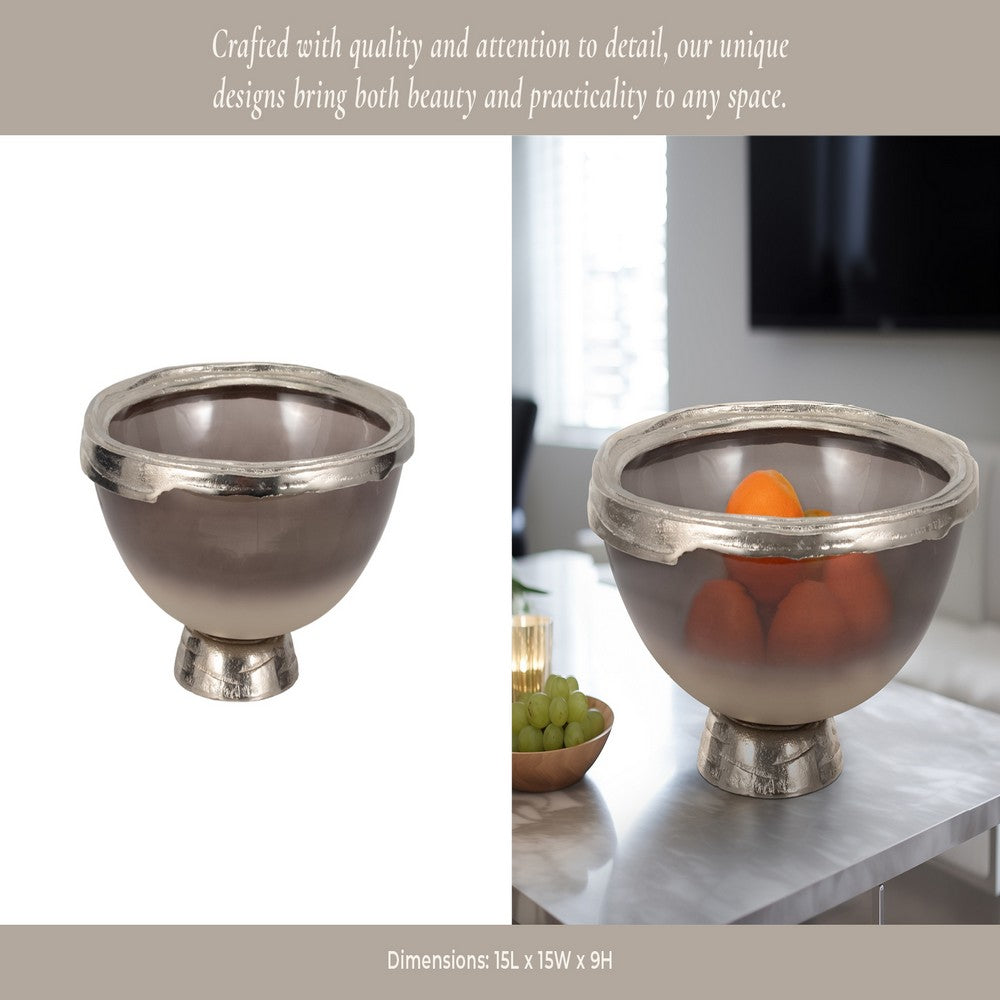 Decorative Bowl | Taupe Nickel Glass w Silver Aluminum Base | 15"