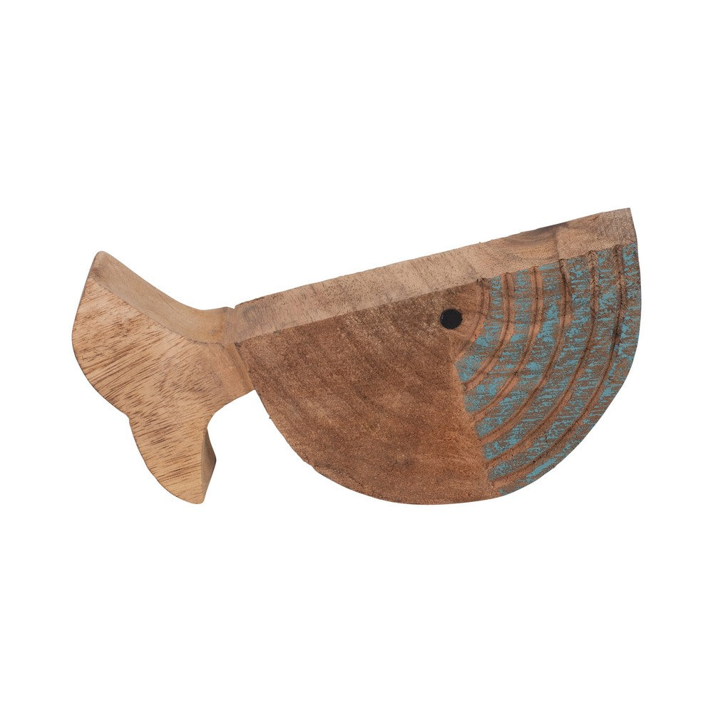 Decorative Fish Log Sculpture | Brown & Blue Mango Wood | 10"