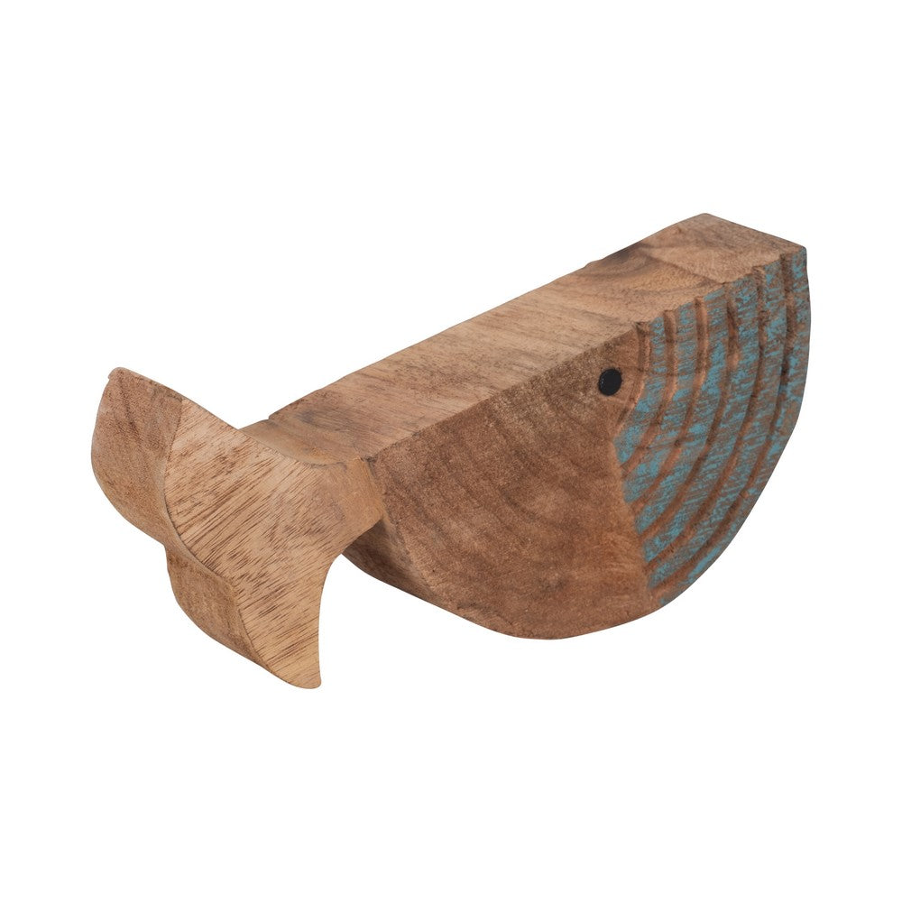Decorative Fish Log Sculpture | Brown & Blue Mango Wood | 10"
