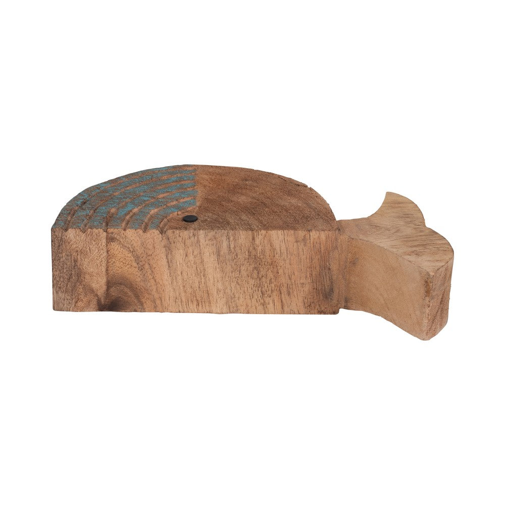 Decorative Fish Log Sculpture | Brown & Blue Mango Wood | 10"