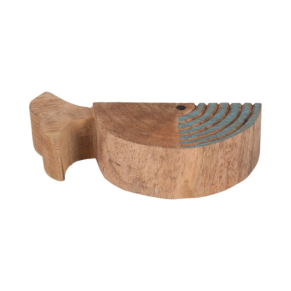 Decorative Fish Log Sculpture | Brown & Blue Mango Wood | 10"