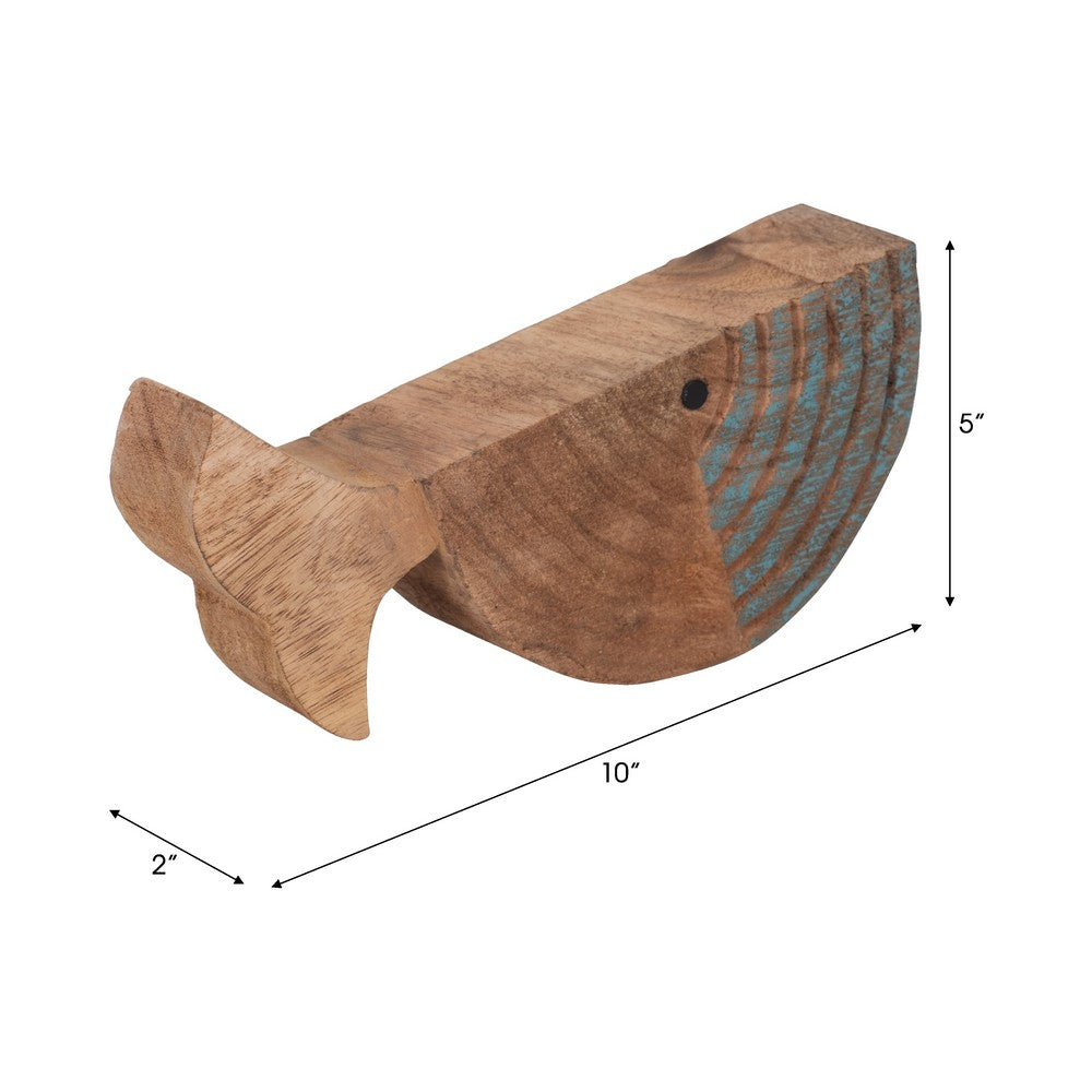 Decorative Fish Log Sculpture | Brown & Blue Mango Wood | 10"