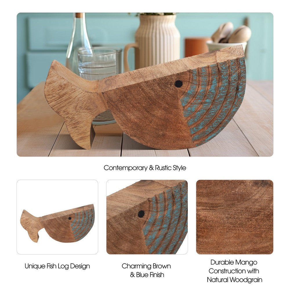 Decorative Fish Log Sculpture | Brown & Blue Mango Wood | 10"
