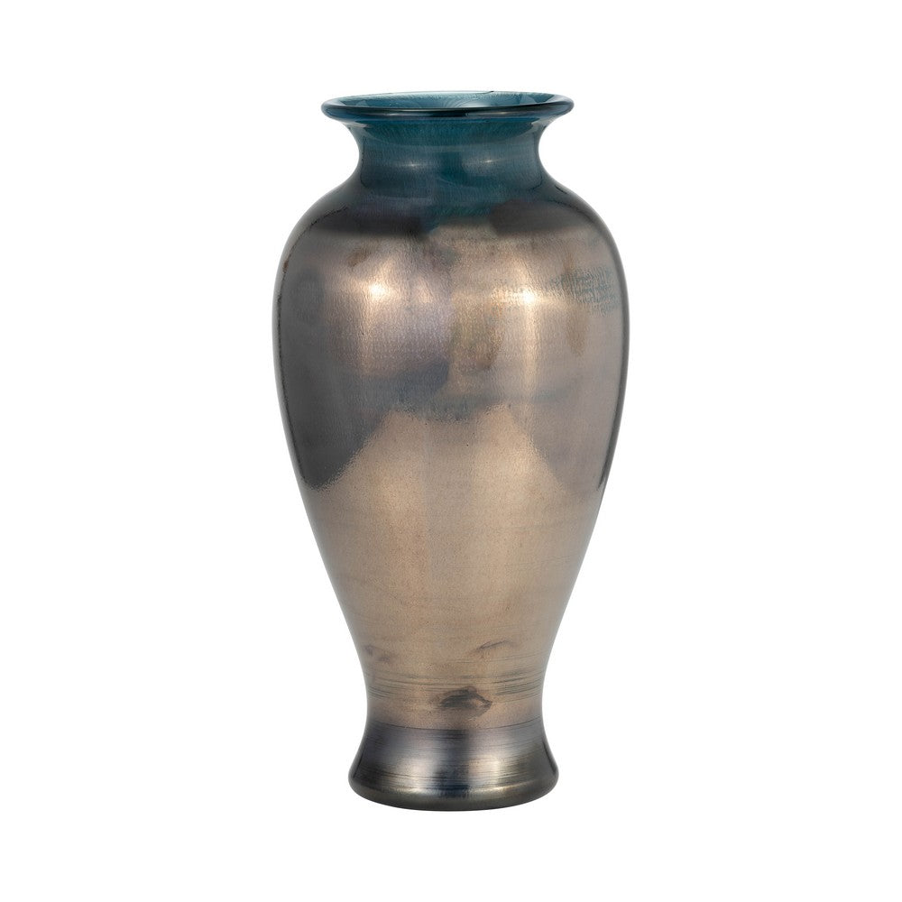 Floral Decorative Olpe Vase | 12" | Teal Blue & Bronze Glass