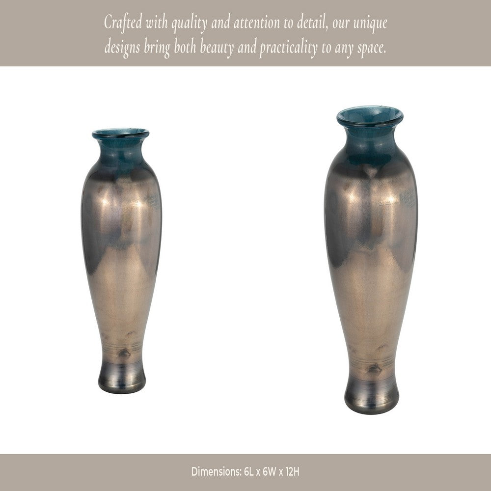 Floral Decorative Olpe Vase | 12" | Teal Blue & Bronze Glass