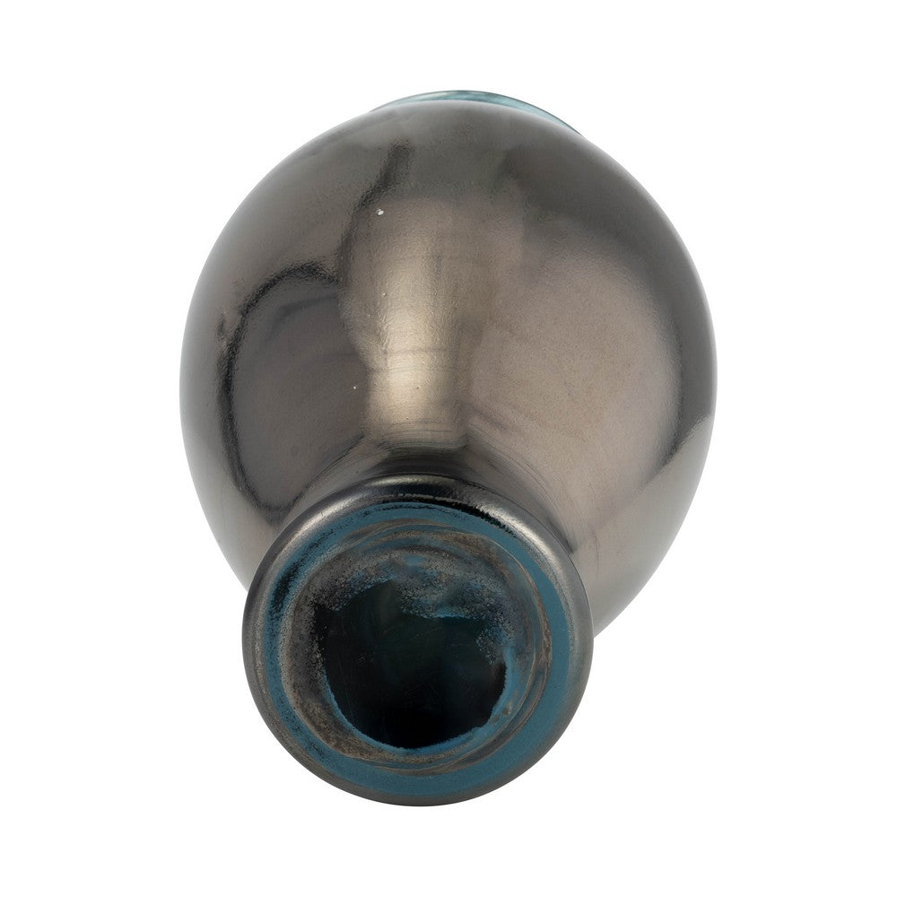 Floral Decorative Olpe Vase | 12" | Teal Blue & Bronze Glass