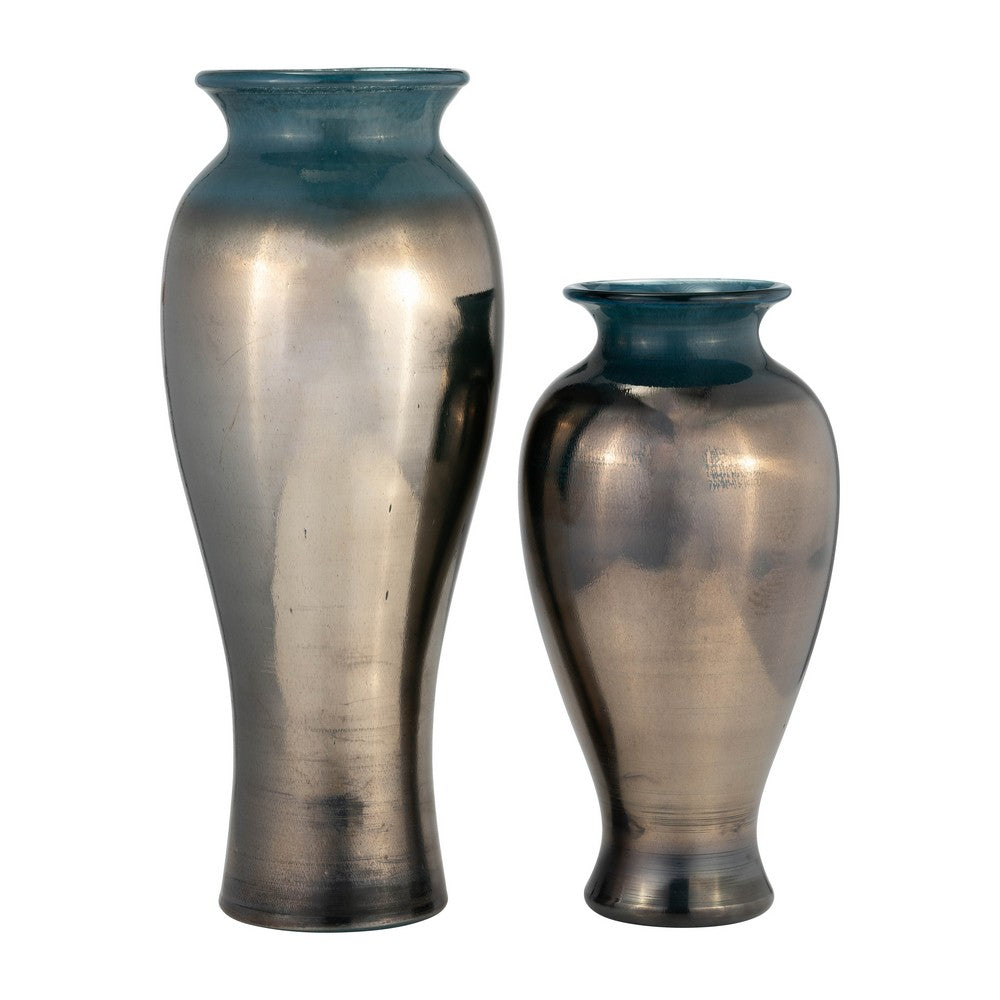 Floral Decorative Olpe Vase | 12" | Teal Blue & Bronze Glass