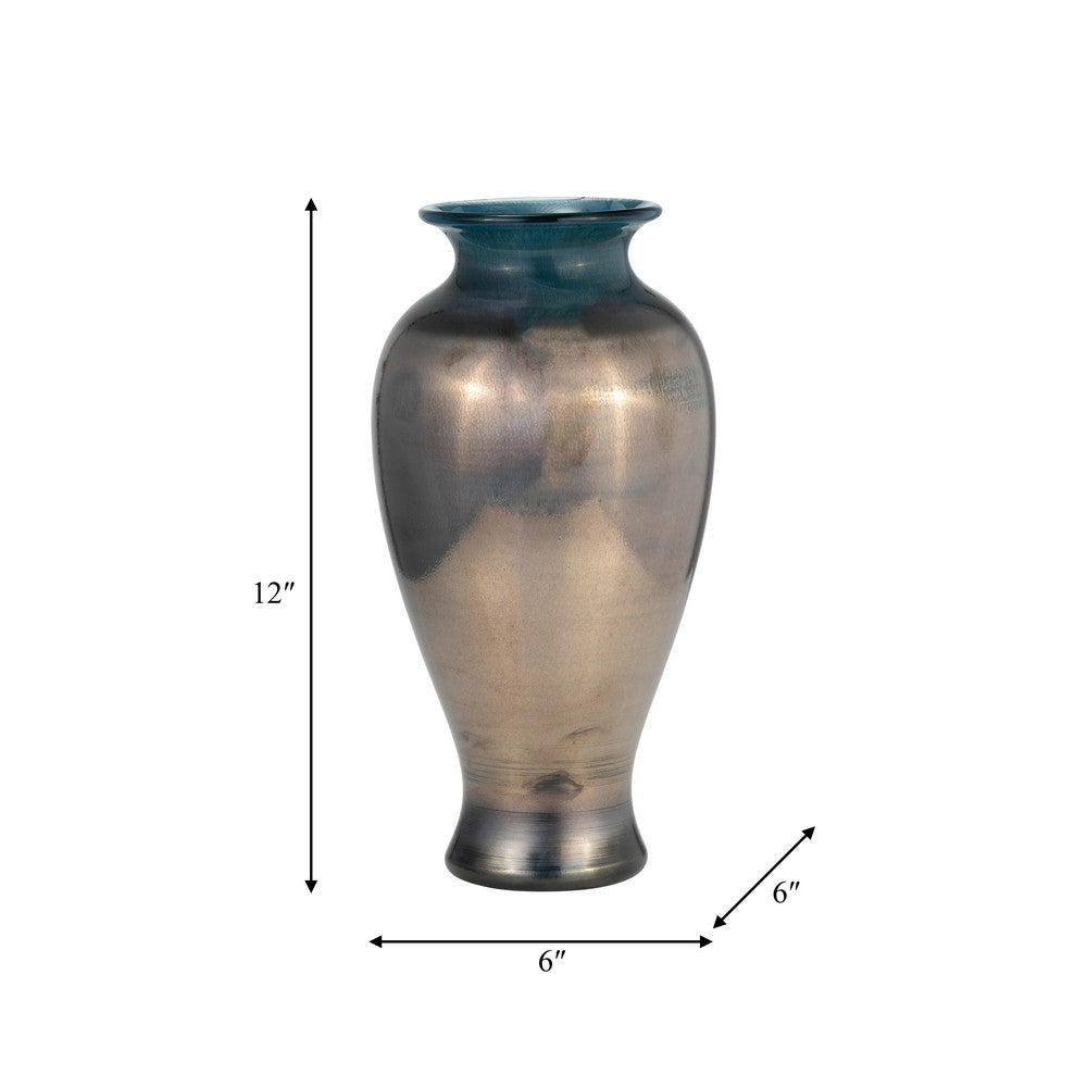 Floral Decorative Olpe Vase | 12" | Teal Blue & Bronze Glass