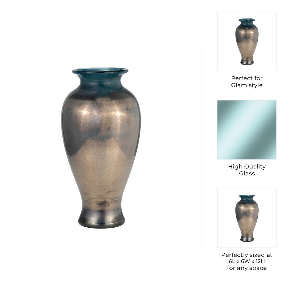 Floral Decorative Olpe Vase | 12" | Teal Blue & Bronze Glass