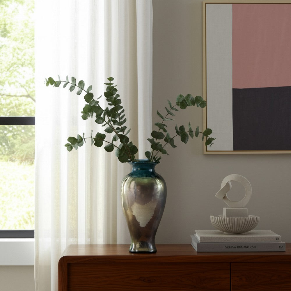 Floral Decorative Olpe Vase | 12" | Teal Blue & Bronze Glass