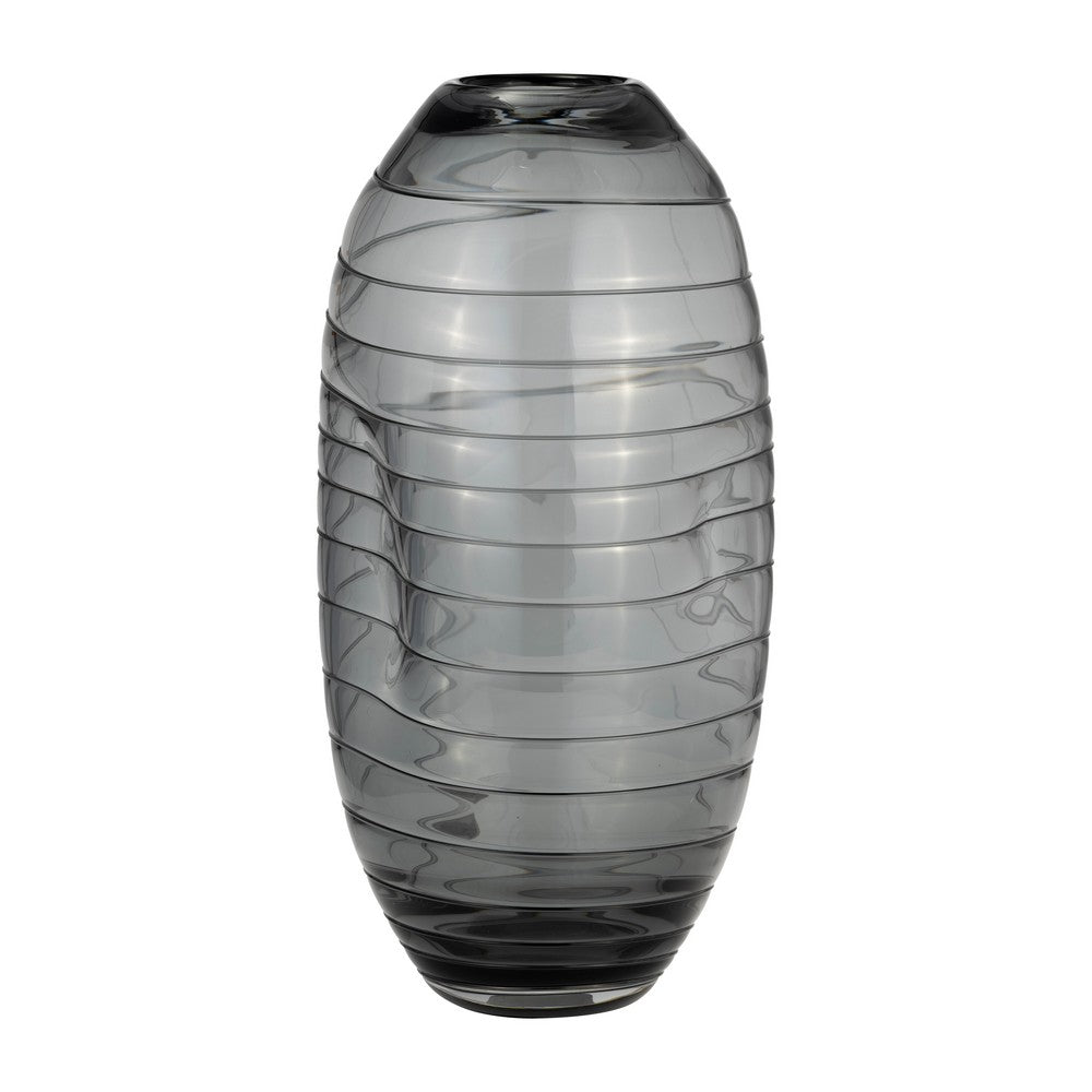 Handmade Pinched Flower Vase | 14" | Smoke Gray Ribbed Texture Glass