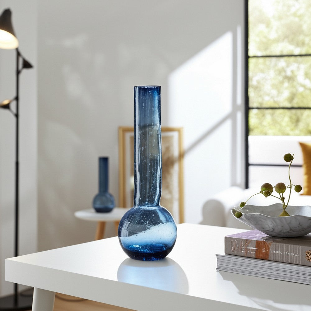 Decorative Vase | Narrow Body | Rounded Bottom | 20" Modern Blue Glass