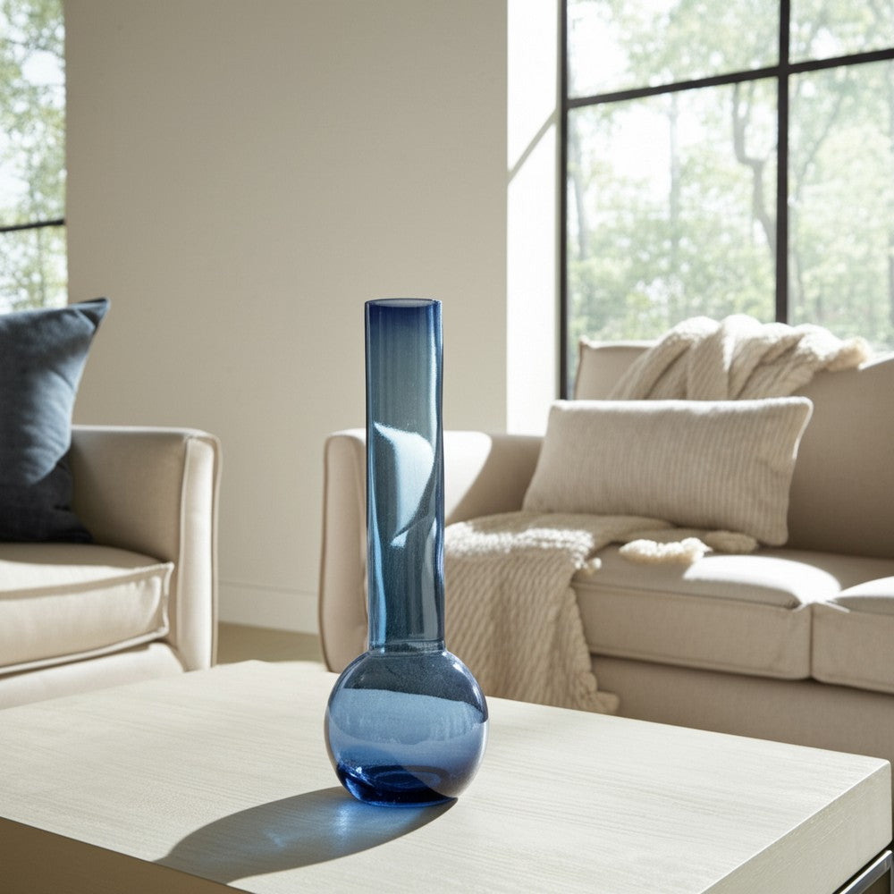 Decorative Vase | Narrow Body | Rounded Bottom | 20" Modern Blue Glass
