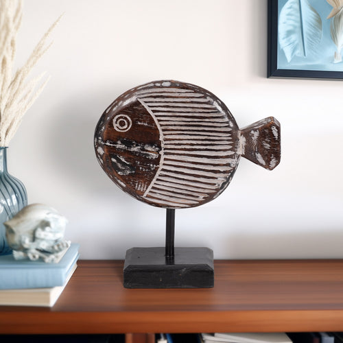 Fish on a Stand Tabletop Figurine | Gray Albasia Wood w Square Base