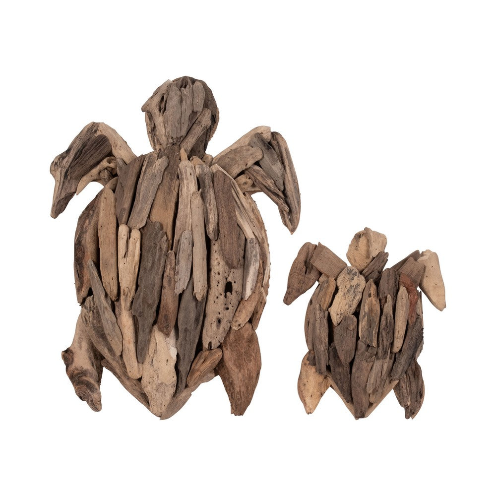 Decorative Turtle Figurine | 12" Handcrafted Coastal Natural Brown Wood