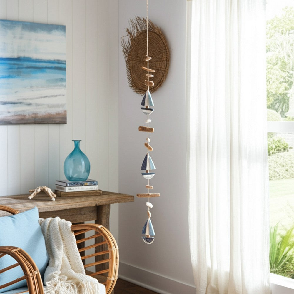 Decorative Nautical Wall Hanging Sailing Boats String | White & Blue Wood