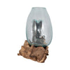 Hand-Blown Glass Vase In Live Edge Wood Stand | Blue & Brown | 14"