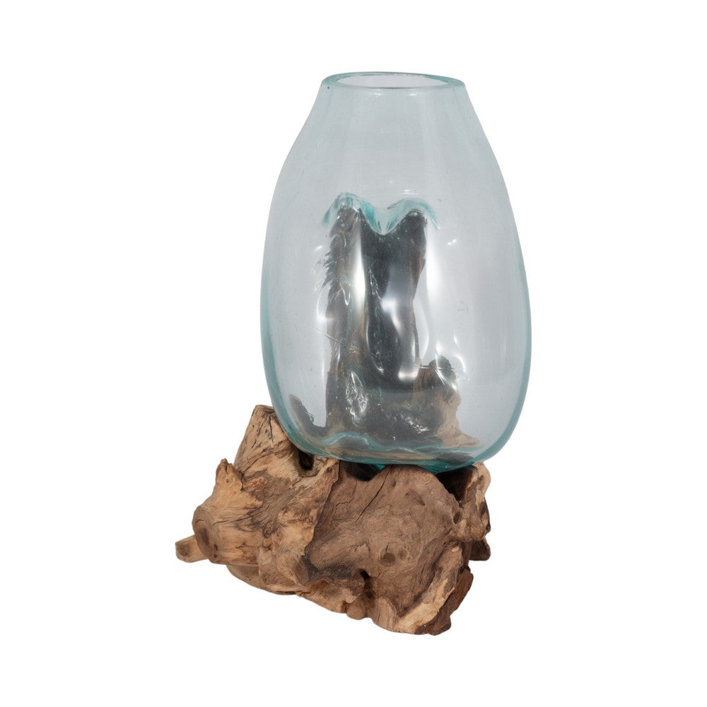 Hand-Blown Glass Vase In Live Edge Wood Stand | Blue & Brown | 14"