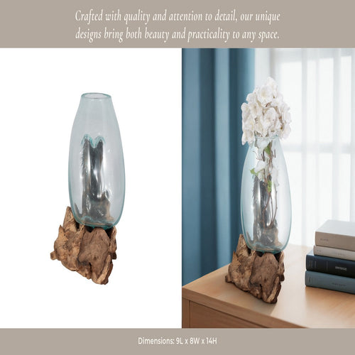 Hand-Blown Glass Vase In Live Edge Wood Stand | Blue & Brown | 14"