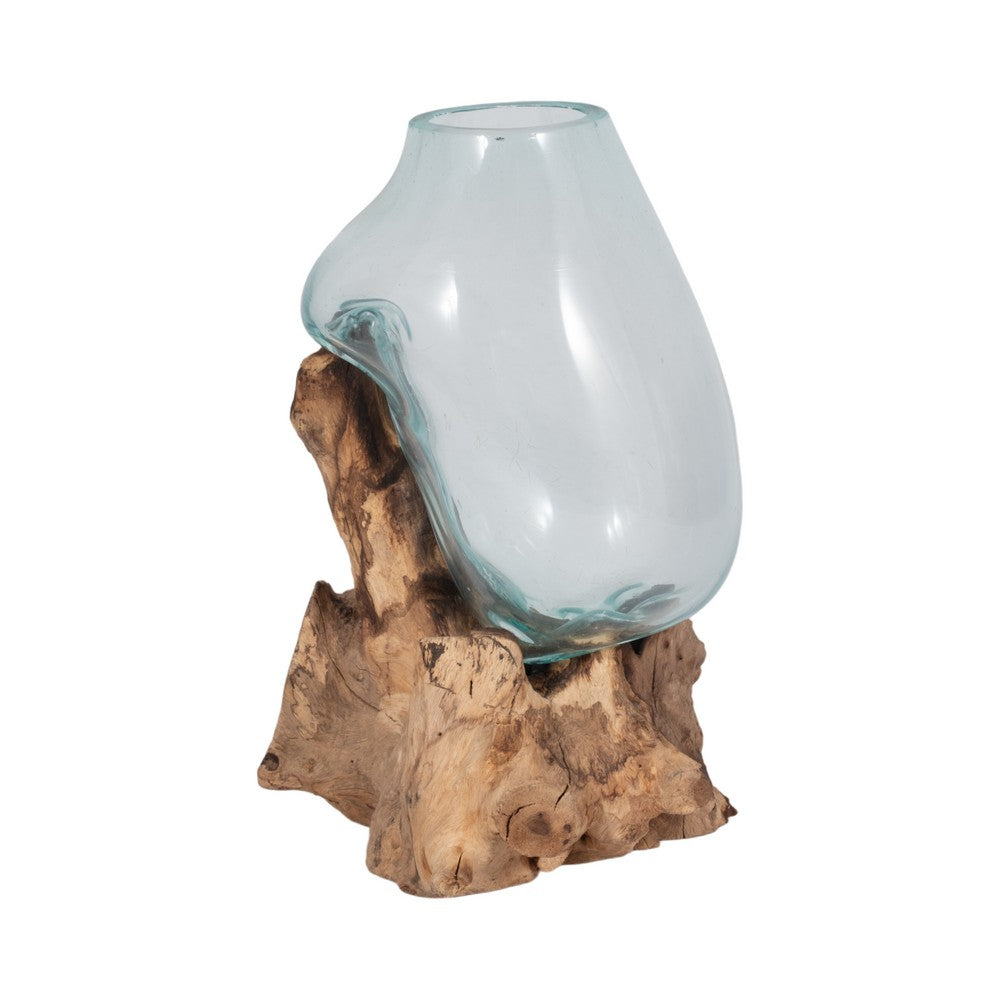 Hand-Blown Glass Vase In Live Edge Wood Stand | Blue & Brown | 14"