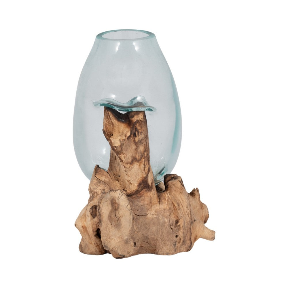 Hand-Blown Glass Vase In Live Edge Wood Stand | Blue & Brown | 14"