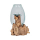 Hand-Blown Glass Vase In Live Edge Wood Stand | Blue & Brown | 14"