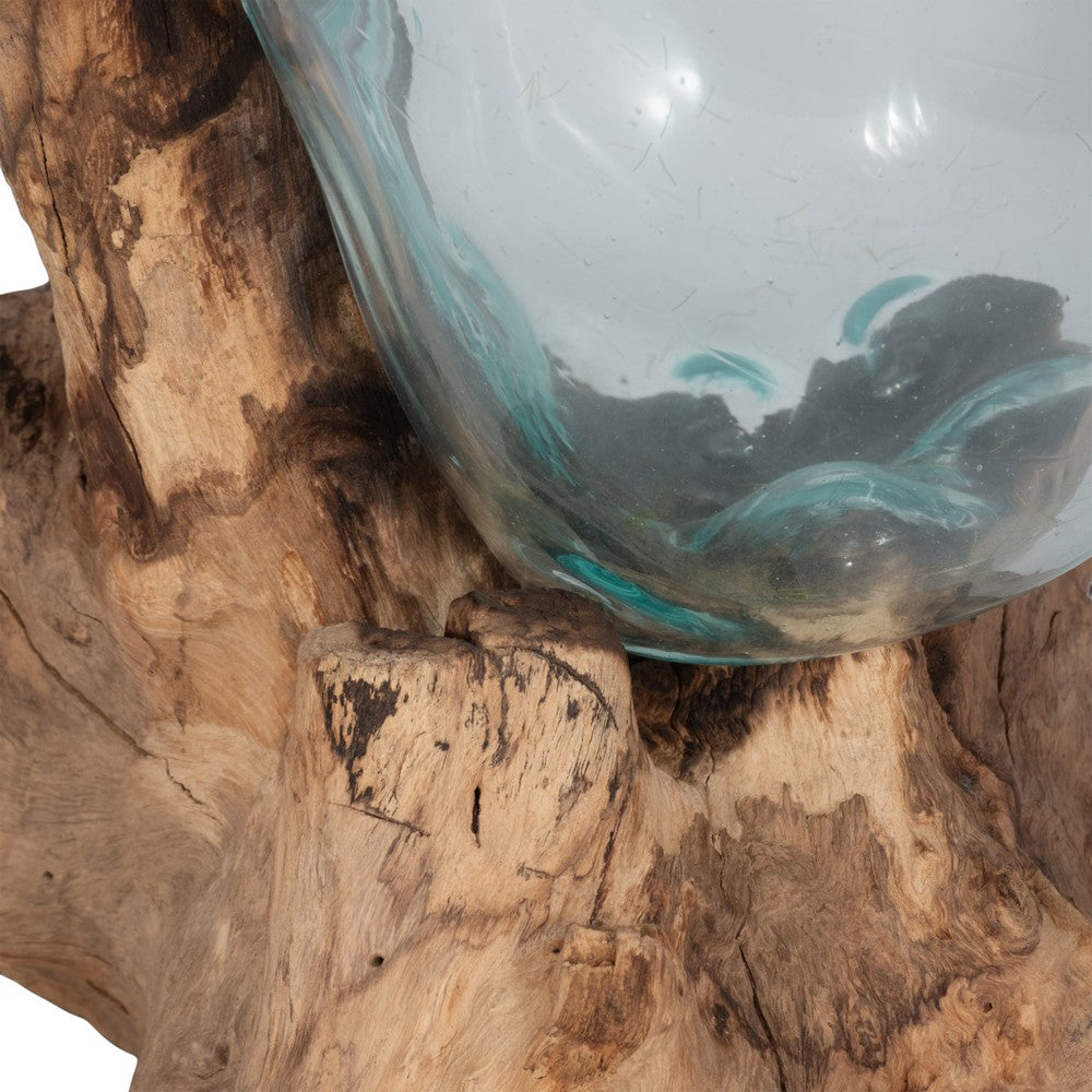 Hand-Blown Glass Vase In Live Edge Wood Stand | Blue & Brown | 14"