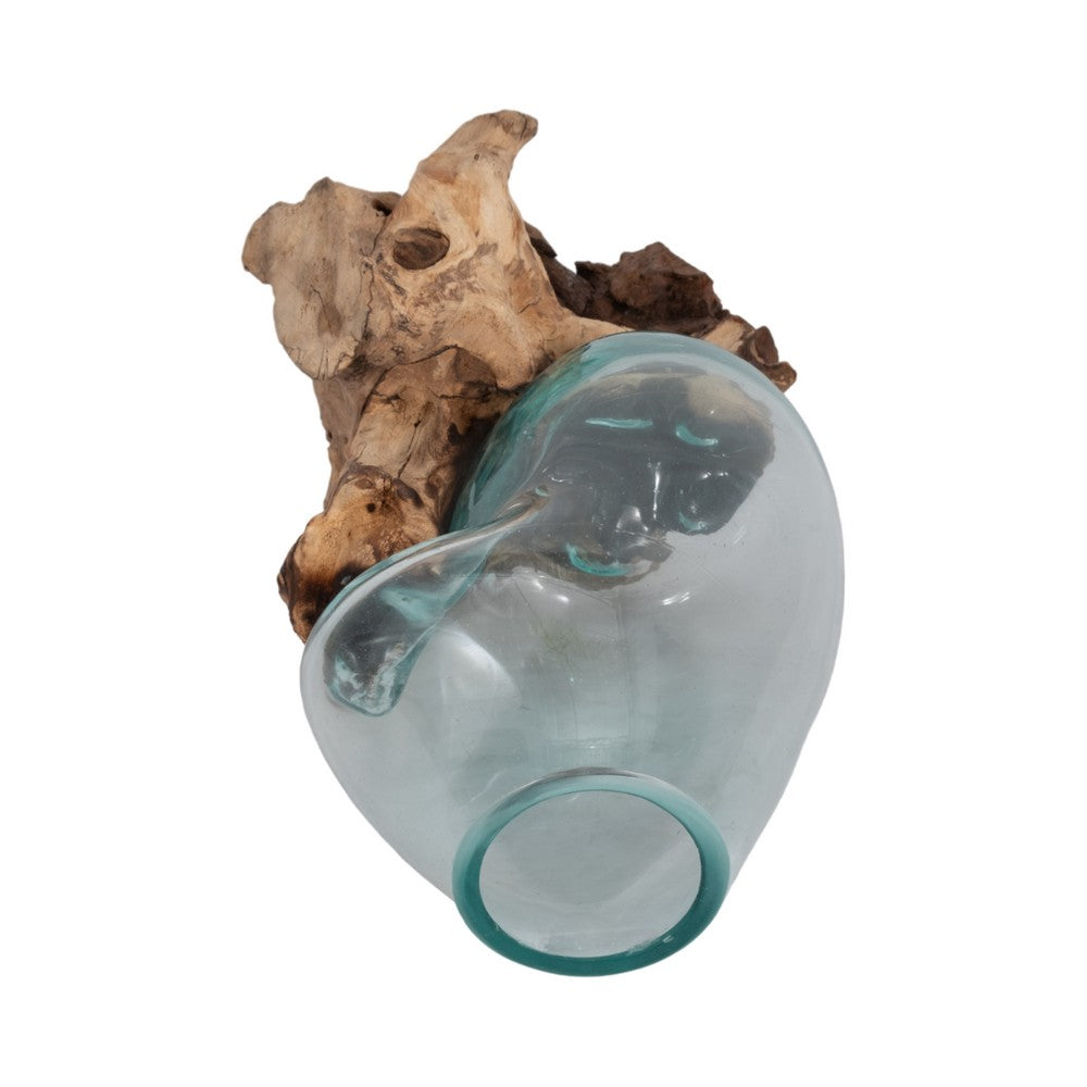 Hand-Blown Glass Vase In Live Edge Wood Stand | Blue & Brown | 14"