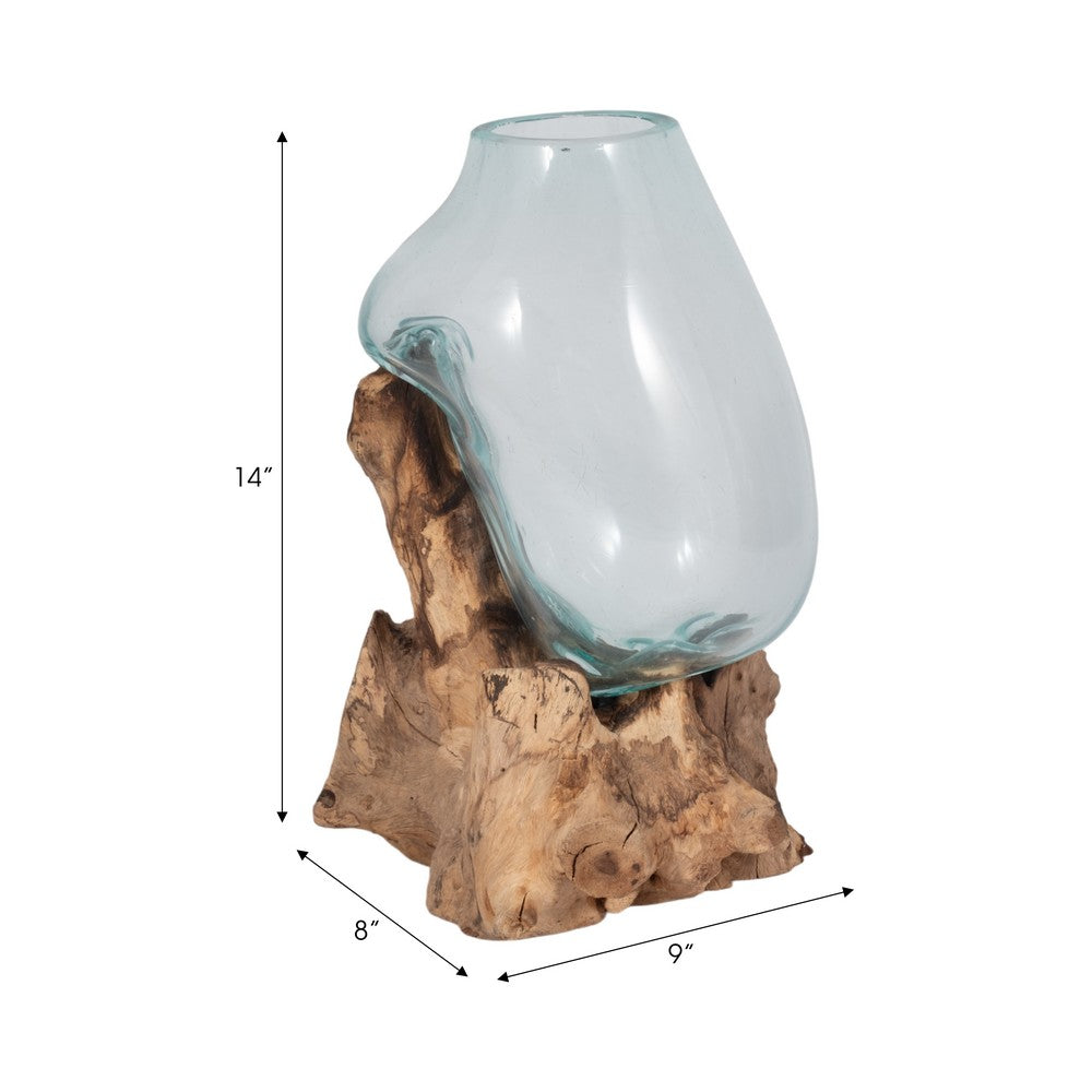 Hand-Blown Glass Vase In Live Edge Wood Stand | Blue & Brown | 14"