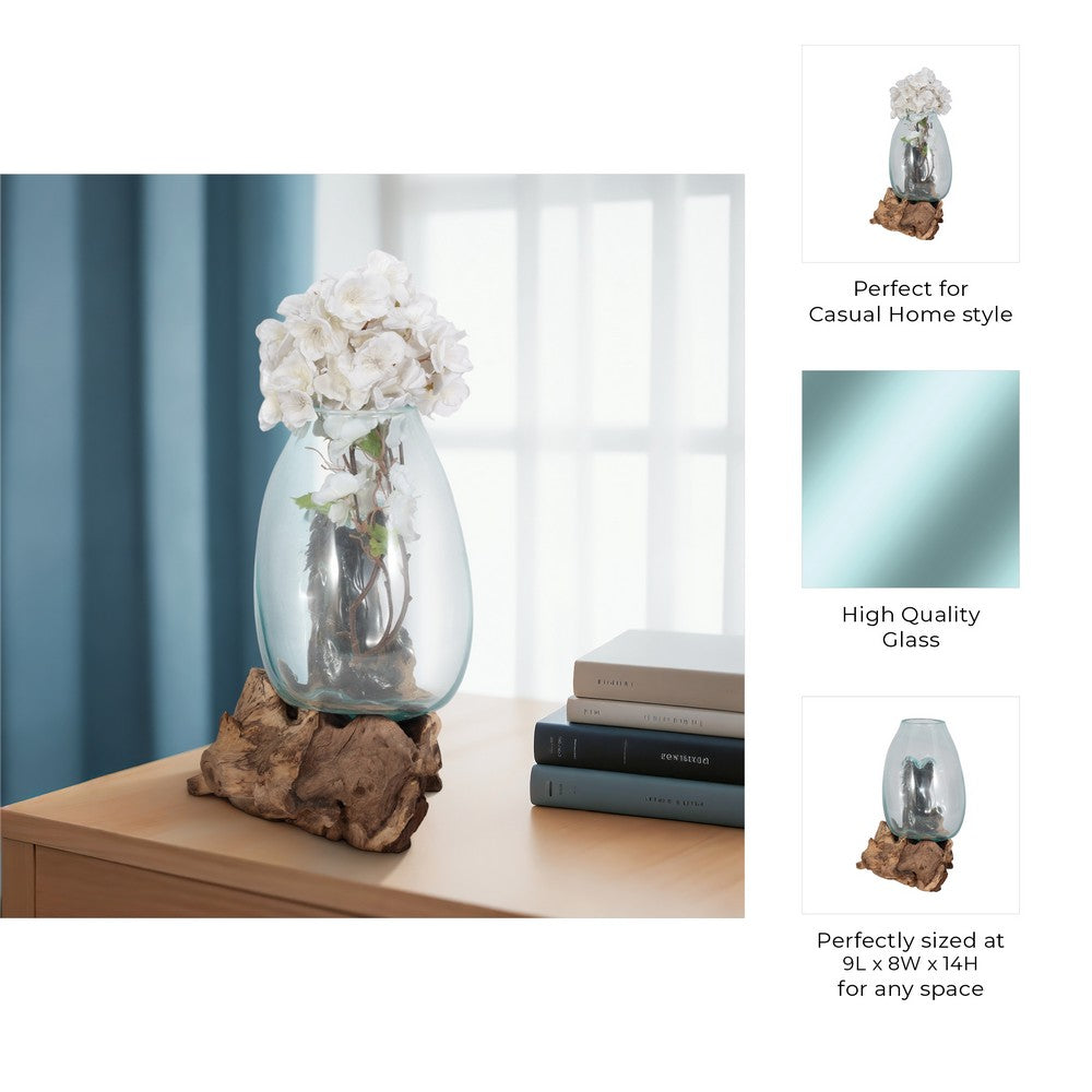 Hand-Blown Glass Vase In Live Edge Wood Stand | Blue & Brown | 14"