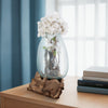 Hand-Blown Glass Vase In Live Edge Wood Stand | Blue & Brown | 14"