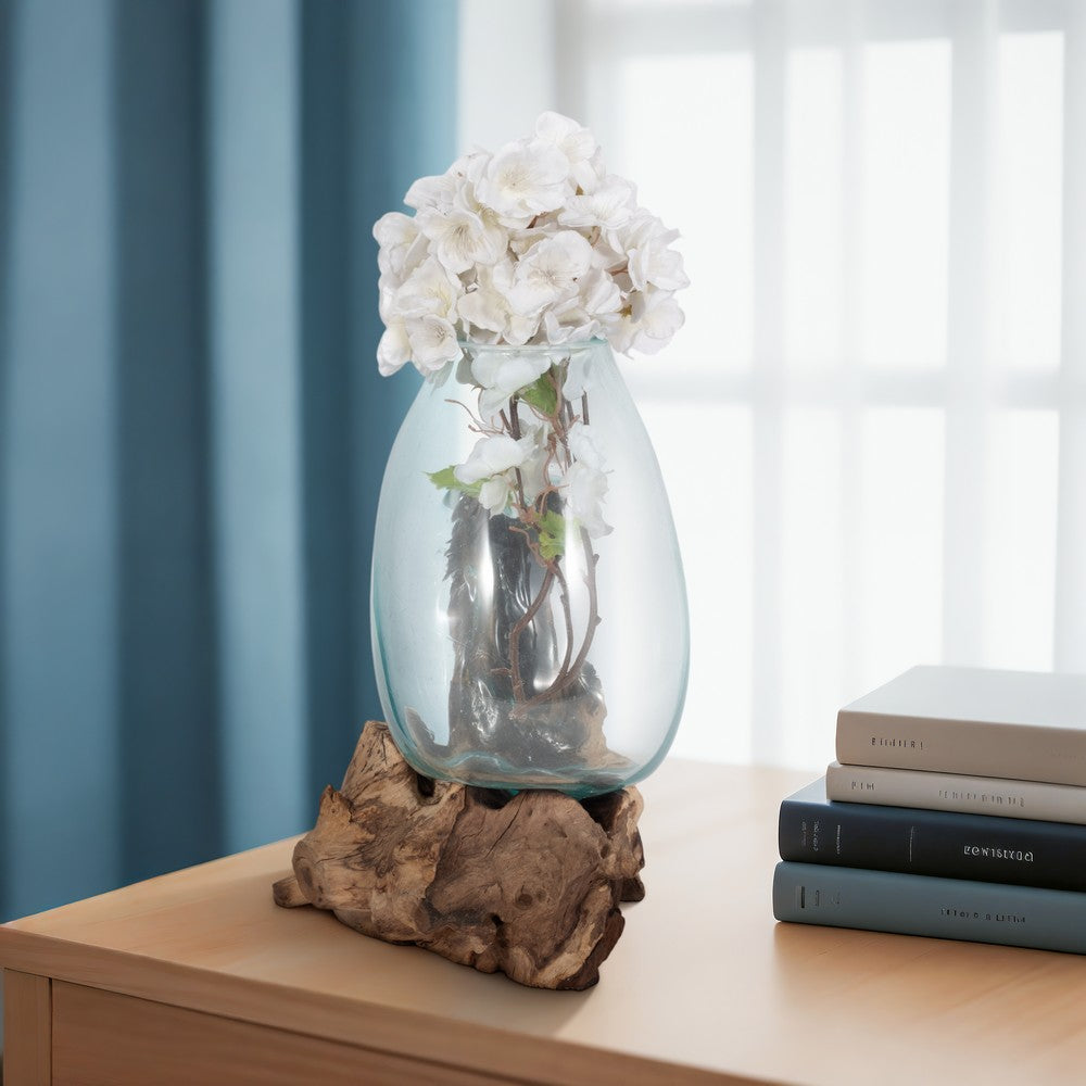 Hand-Blown Glass Vase In Live Edge Wood Stand | Blue & Brown | 14"