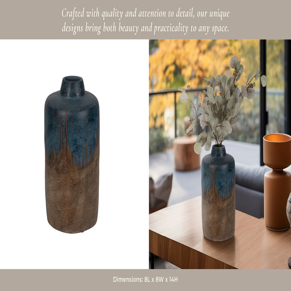 Rustic Floral Arrangement Vase | 14" | Blue & Brown Terracotta
