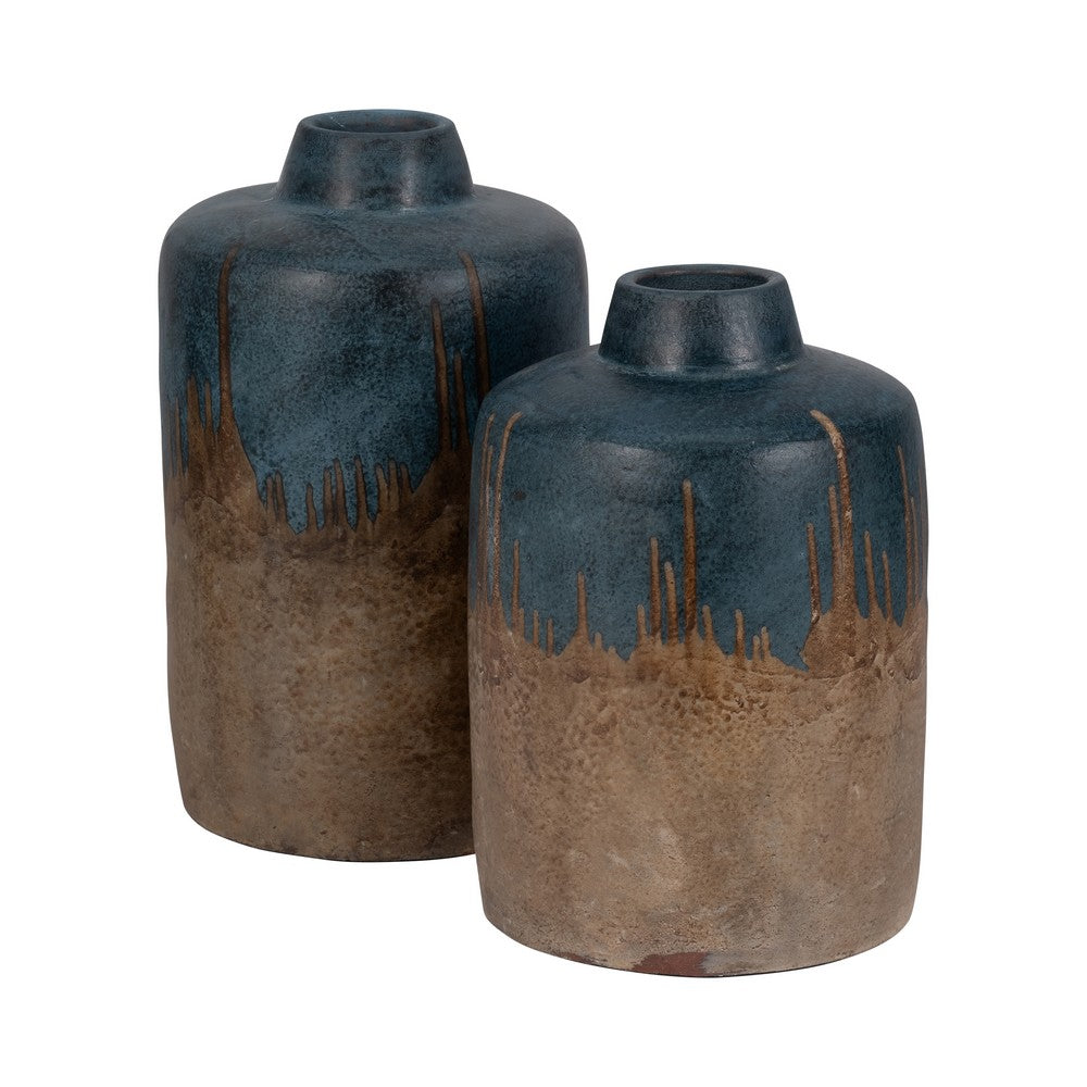 Rustic Floral Arrangement Vase | 14" | Blue & Brown Terracotta