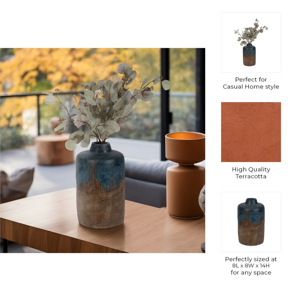 Rustic Floral Arrangement Vase | 14" | Blue & Brown Terracotta