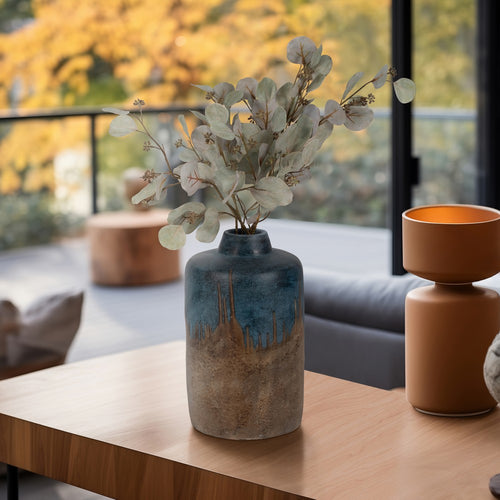 Rustic Floral Arrangement Vase | 14" | Blue & Brown Terracotta