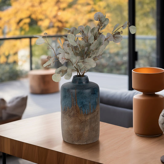 Rustic Floral Arrangement Vase | 14" | Blue & Brown Terracotta