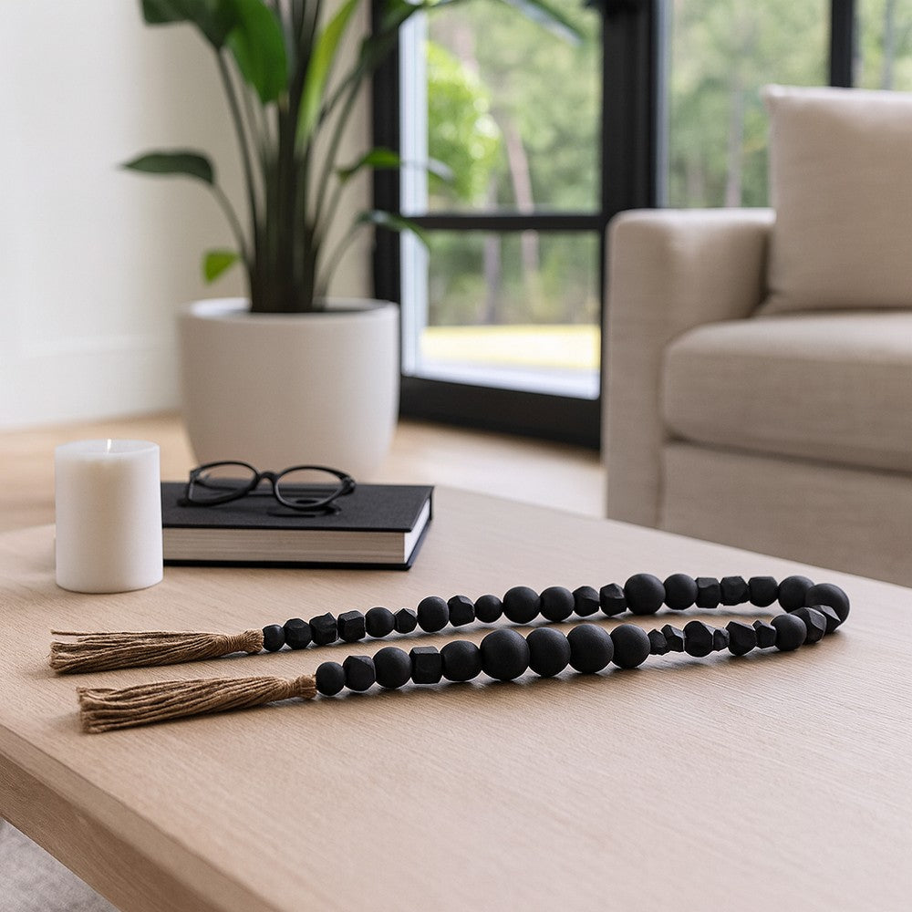 Accent Garland w Traditional Geometric Round Beads | 84" Black Jute