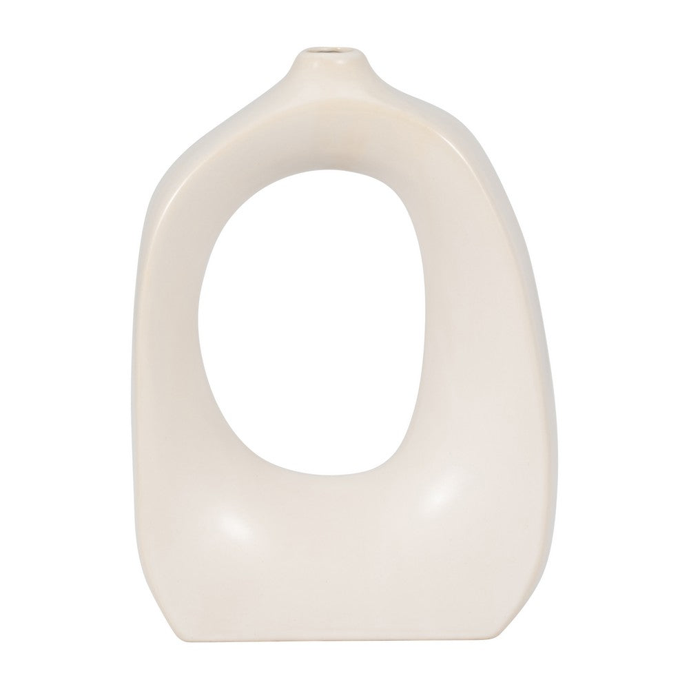 Curved Flower Vase with Cutout Oval Design | Cotton White Porcelain | 11"