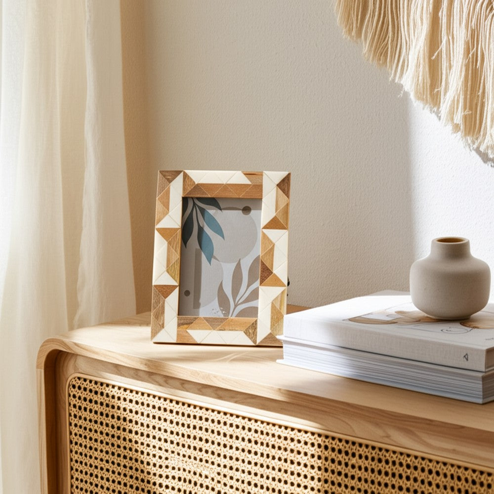 Loni Decorative 5x7 Photo Frame | White Brown Geometric Motifs Resin