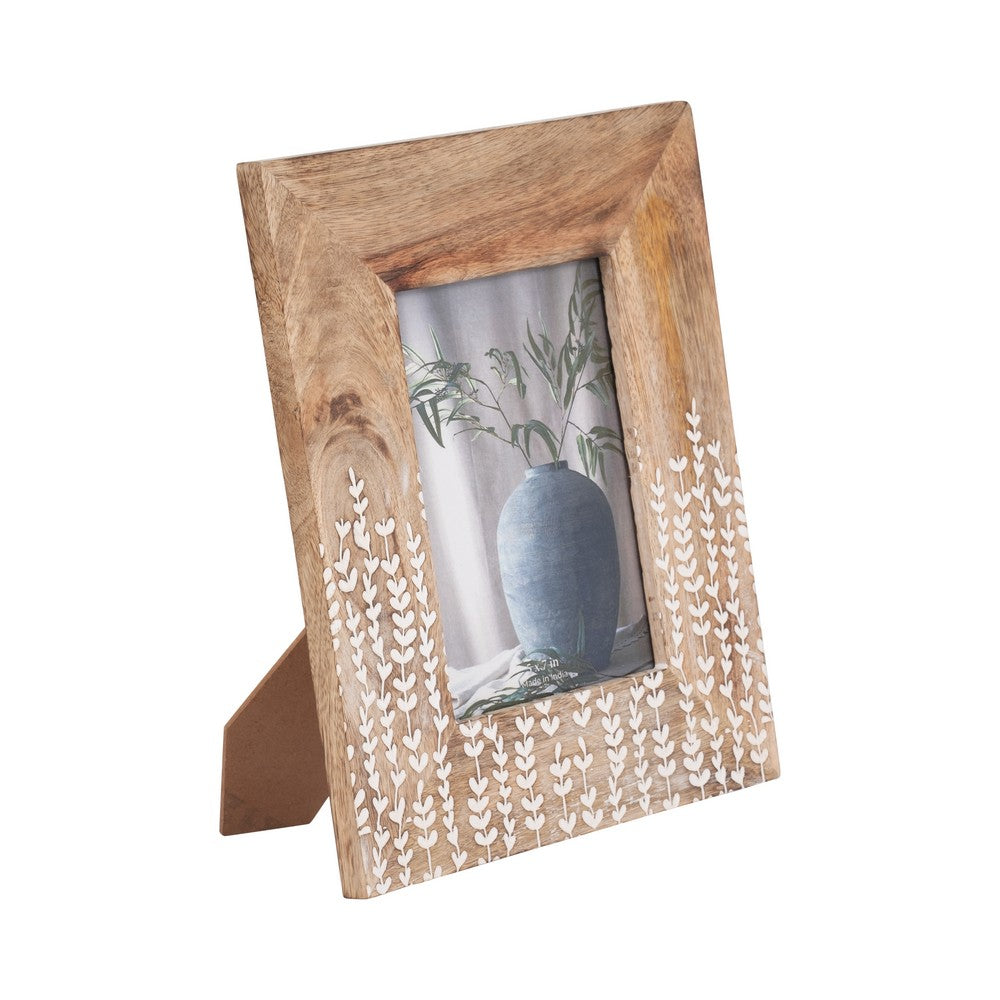 Photo Frame for 5 x 7 Picture | White Repeating Leaf Design | Brown Wood