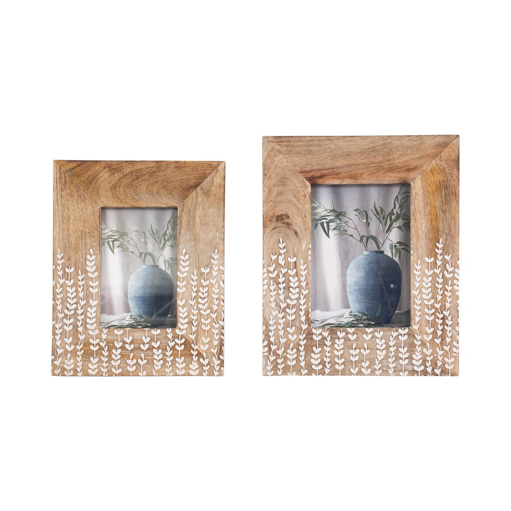 Photo Frame for 5 x 7 Picture | White Repeating Leaf Design | Brown Wood