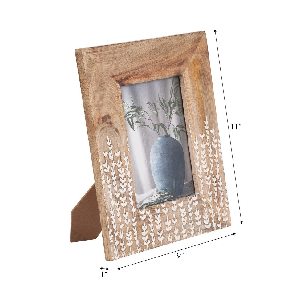 Photo Frame for 5 x 7 Picture | White Repeating Leaf Design | Brown Wood
