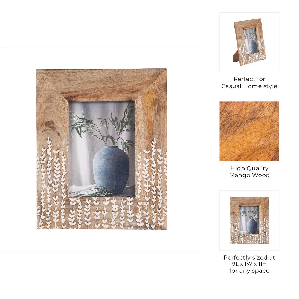 Photo Frame for 5 x 7 Picture | White Repeating Leaf Design | Brown Wood