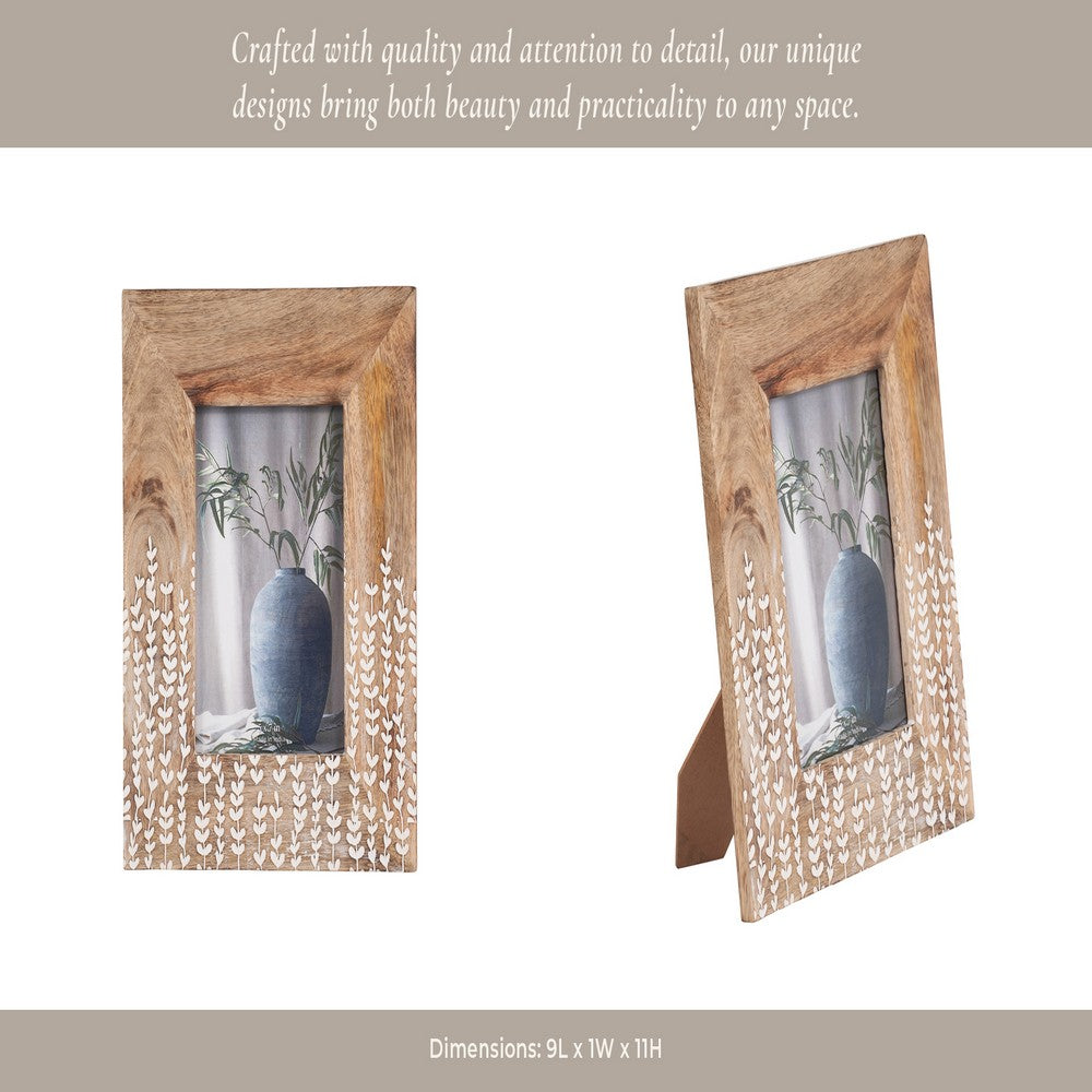Photo Frame for 5 x 7 Picture | White Repeating Leaf Design | Brown Wood